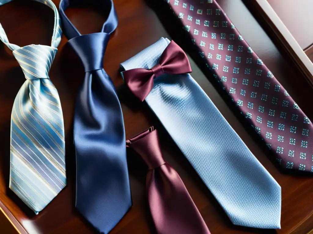 Una selección de corbatas de seda y pajaritas perfectamente elaboradas sobre una mesa de caoba