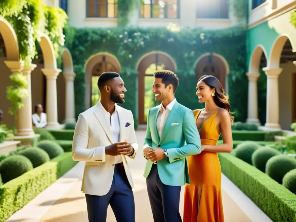 Selección de embajadores de marca en elegante presentación en un patio soleado con exuberante vegetación, cautivando con sofisticación y entusiasmo