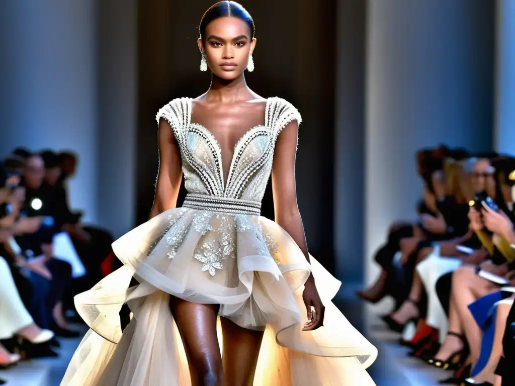 En la Semana de la moda en París, una modelo deslumbra en la pasarela con un impresionante vestido de alta costura