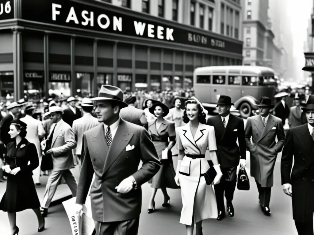 Semana de la moda siglo XX: Fotografía en blanco y negro de Nueva York durante Fashion Week, con elegancia y glamour en las calles