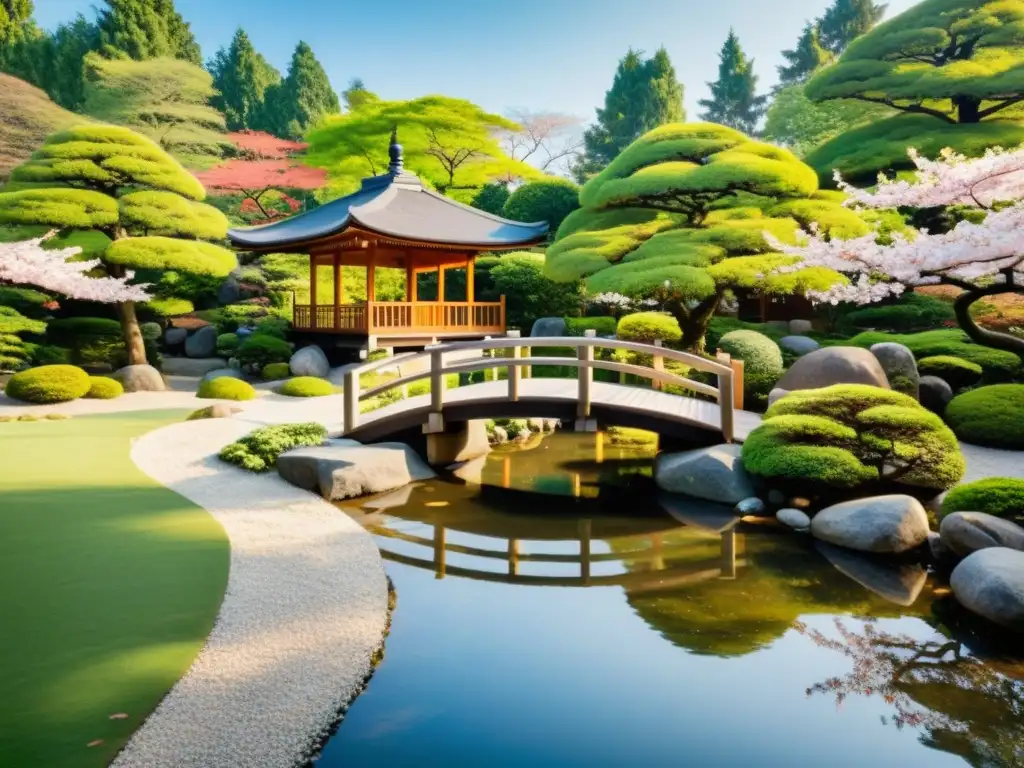 Jardín japonés sereno con pagoda, puente de madera y cerezos en flor