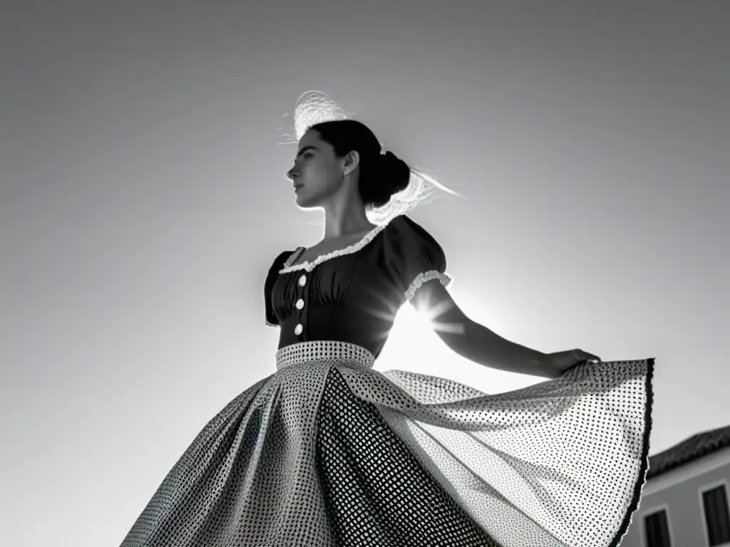 Silueta femenina Belle Époque impacto: Fotografía en blanco y negro de una mujer con polisón, destacando su elegante silueta y detalles ornamentales