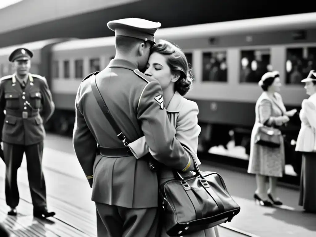 Soldado y su amada se abrazan en emotiva despedida en estación de tren durante la guerra, reflejando historias de amor en tiempos de guerra