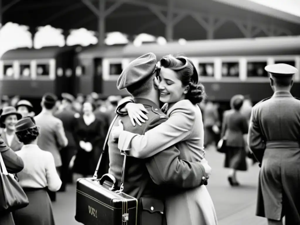 Soldado se despide de su amada en la estación de tren durante la Segunda Guerra Mundial, en una escena de historias de amor en tiempos de guerra