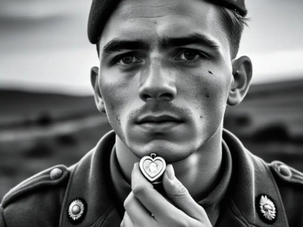 Un soldado sostiene con amor un delicado relicario en un paisaje de guerra, reflejando historias de amor en tiempos de guerra