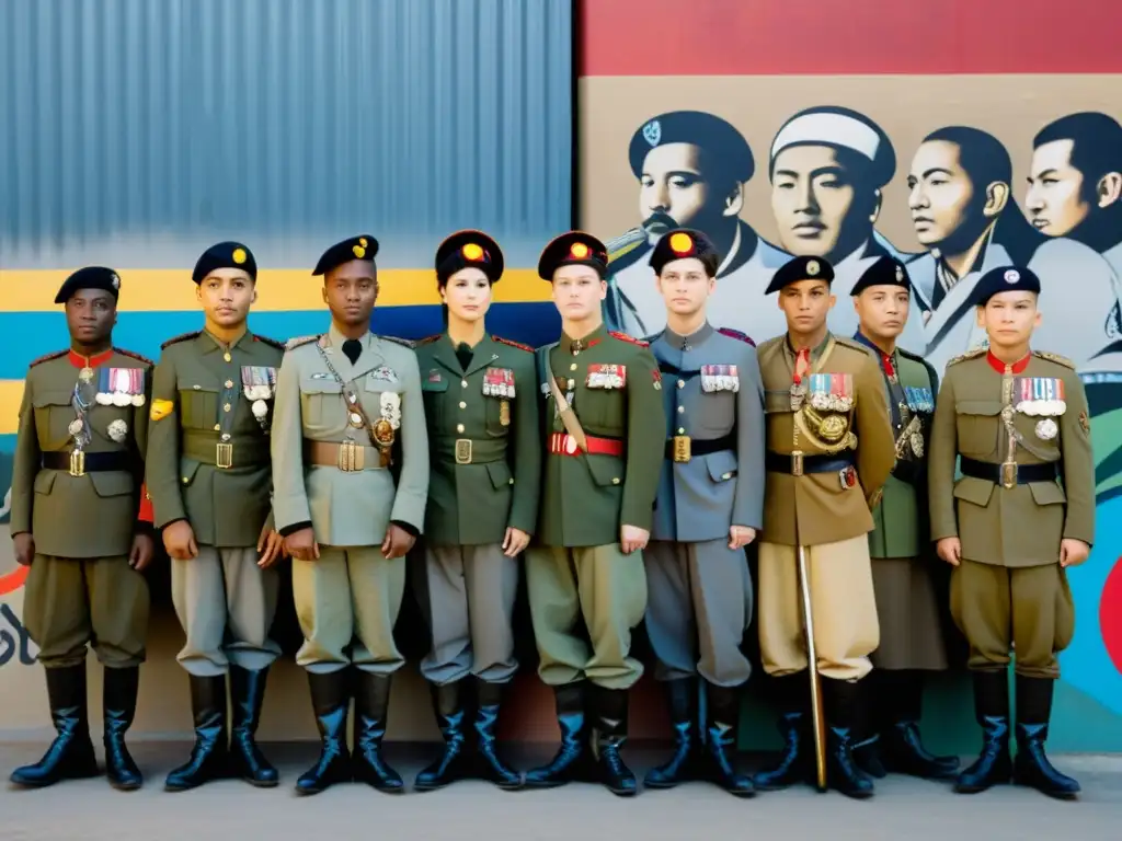 Soldados de distintas épocas y culturas, con uniformes militares frente a un muro graffiteado