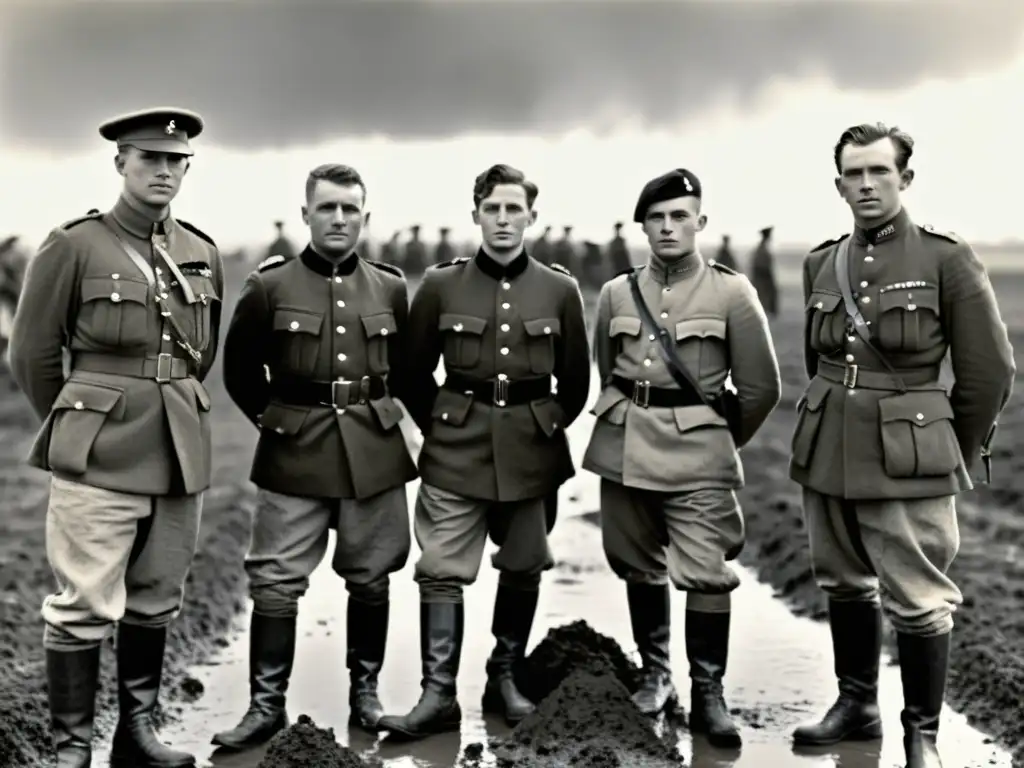 Soldados de la Primera Guerra Mundial en un campo de batalla, con uniformes impactantes que reflejan la moda masculina de la época