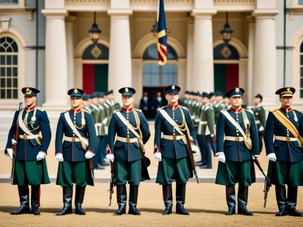 Soldados del siglo XIX en formación, con uniformes militares y banderas en alto, frente a un edificio histórico