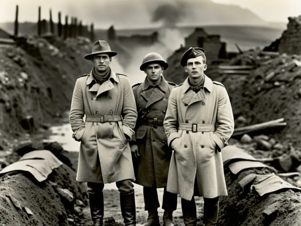 Soldados con trench coats en trincheras de la Primera Guerra Mundial, expresión sombría