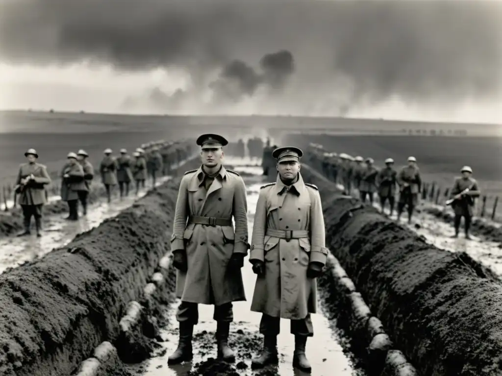 Soldados en trincheras durante la Primera Guerra Mundial, representando la historia del trench coat en un contexto histórico y desolador