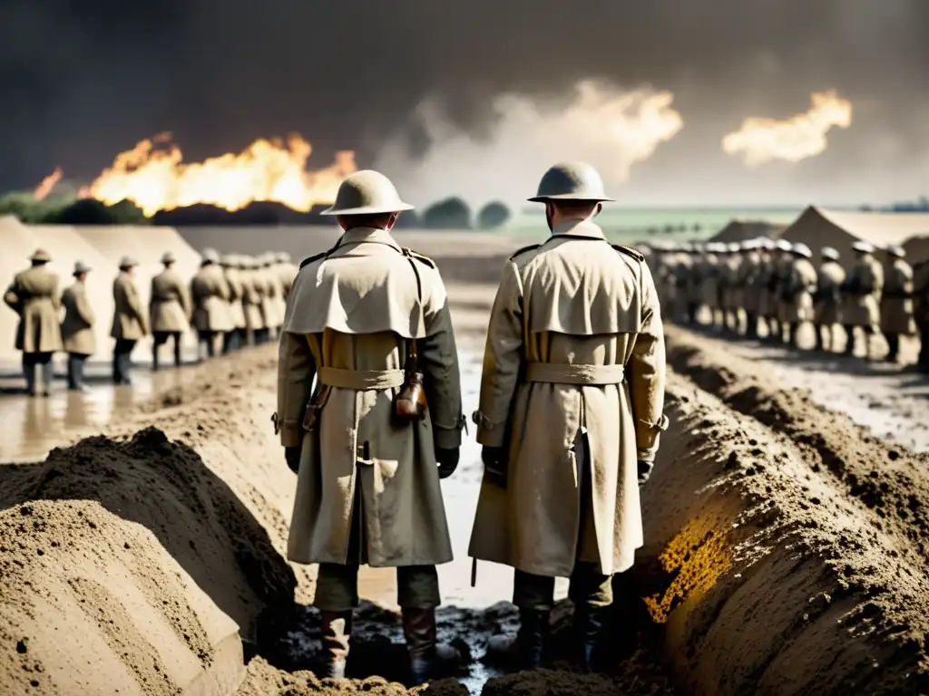 Soldados en trincheras durante la Primera Guerra Mundial, con sus trench coats sucios