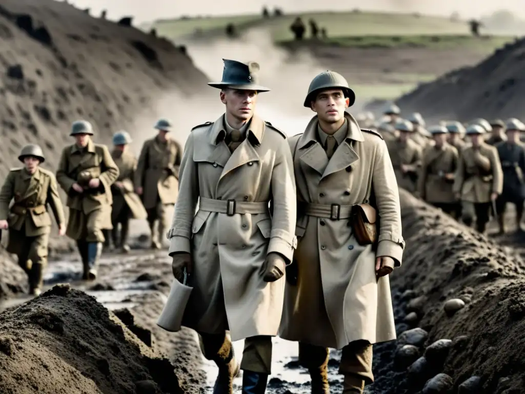 Soldados con trench coats en trincheras durante la Primera Guerra Mundial, destacando la historia del trench coat en condiciones adversas