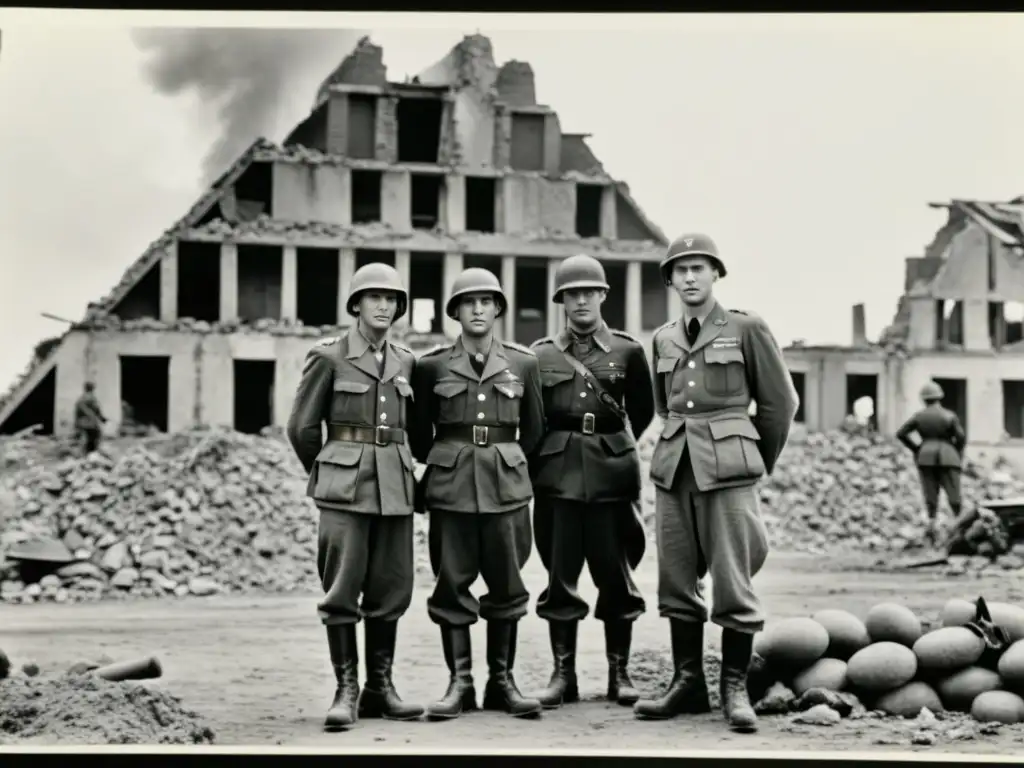 Soldados en uniforme de la Segunda Guerra Mundial frente a edificio bombardeado, reflejando el impacto en la moda masculina