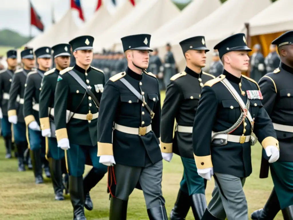 Soldados en uniformes históricos marchan en formación, destacando detalles intrincados