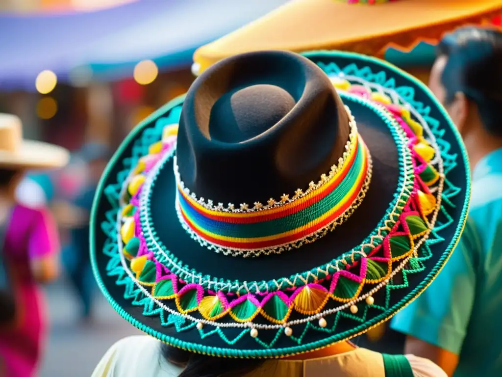 Un sombrero mexicano tradicional con bordados intrincados y colores vibrantes, iluminado por el cálido sol en un bullicioso mercado