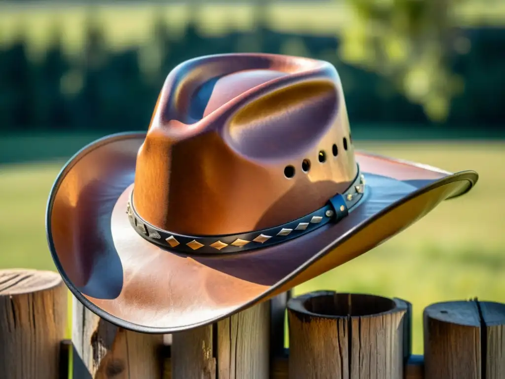 Un sombrero de vaquero desgastado descansa sobre una cerca de madera, con el sol proyectando sombras dramáticas