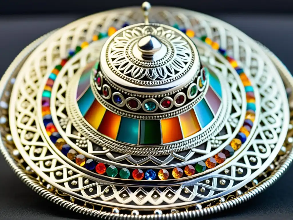 Un sombrero vintage detallado con alfileres de plata y gemas coloridas, reflejando el significado histórico de los alfileres de sombrero