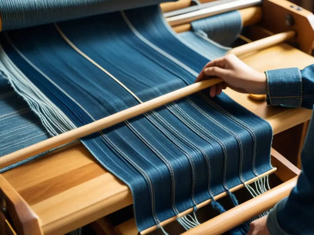 Sostenibilidad en el tejido denim: Detalle de tejido denim en telar de madera resaltando la riqueza de la textura y el proceso artesanal