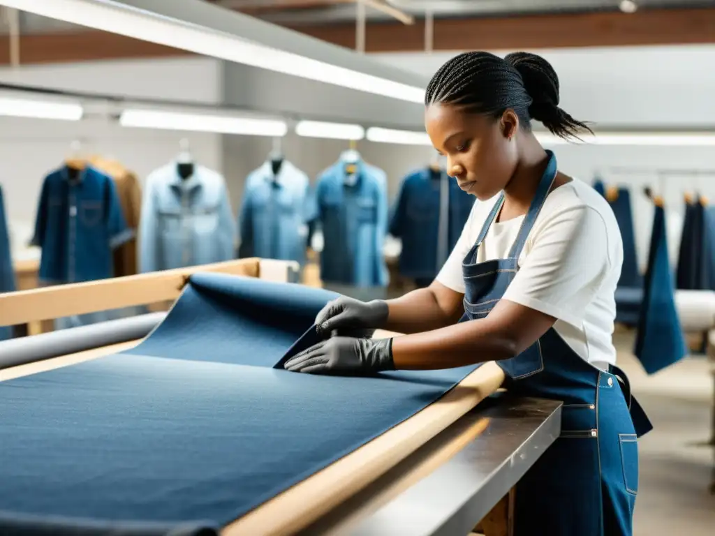 Sostenibilidad en el tejido denim: trabajadores con equipo de protección elaborando denim de forma ecoamigable en un taller lleno de luz natural