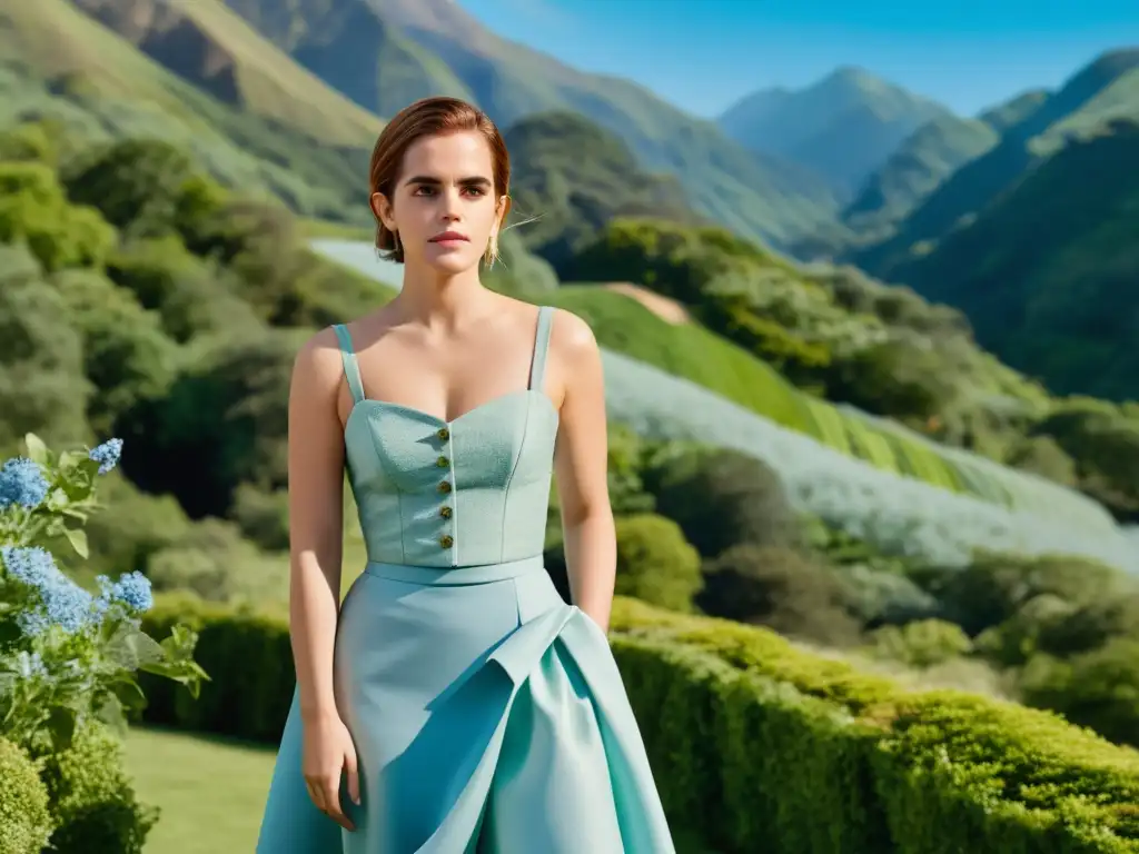 Emma Watson modelo moda sostenible impacto, exudando confianza y elegancia en un atuendo ecofriendly, frente a un paisaje verde y cielo azul