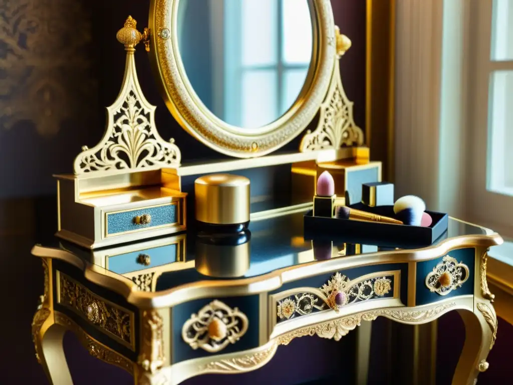 Vanity table en palacio real con maquillaje de la realeza marcas, evocando elegancia y sofisticación atemporal