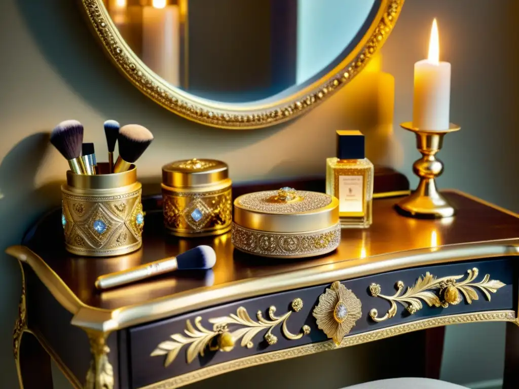 Vanity table de la realeza con maquillaje de marcas lujosas, iluminado por velas, en un palacio histórico