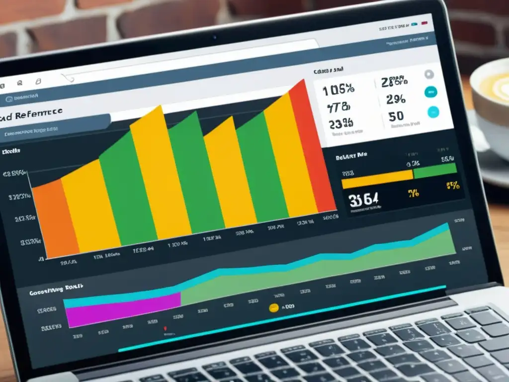 Tablero de estrategias de marketing para marcas de moda, con gráficos coloridos y métricas en tiempo real, en una oficina moderna