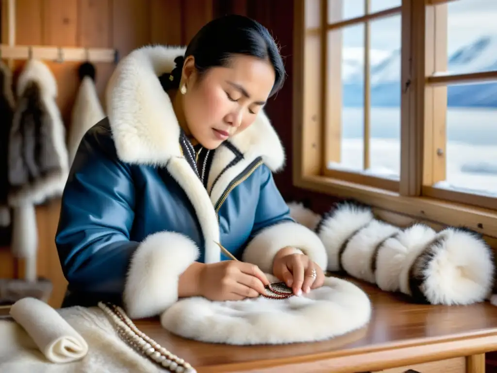 Una talentosa costurera Inuit confecciona un parka tradicional en piel de foca, rodeada de detalles decorativos y un paisaje ártico nevado