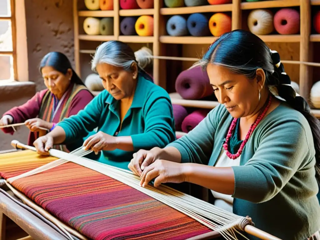 Un taller andino tradicional muestra la influencia de los quipus en moda con artesanos tejiendo una colorida y vibrante tela