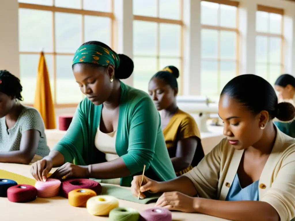 Un taller de moda verde con trabajadores dedicados, creando prendas con materiales ecofriendly