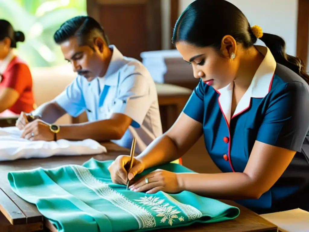 Un taller soleado y bullicioso donde artesanos hábiles reinterpretan la guayabera estilo latino con pasión y detalle