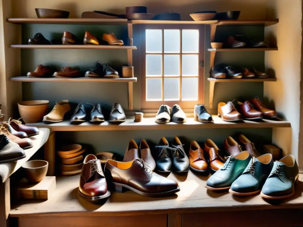 El taller de un zapatero tradicional, con zapatos de hebilla vs Oxfords, herramientas antiguas y una cálida luz que resalta la artesanía atemporal