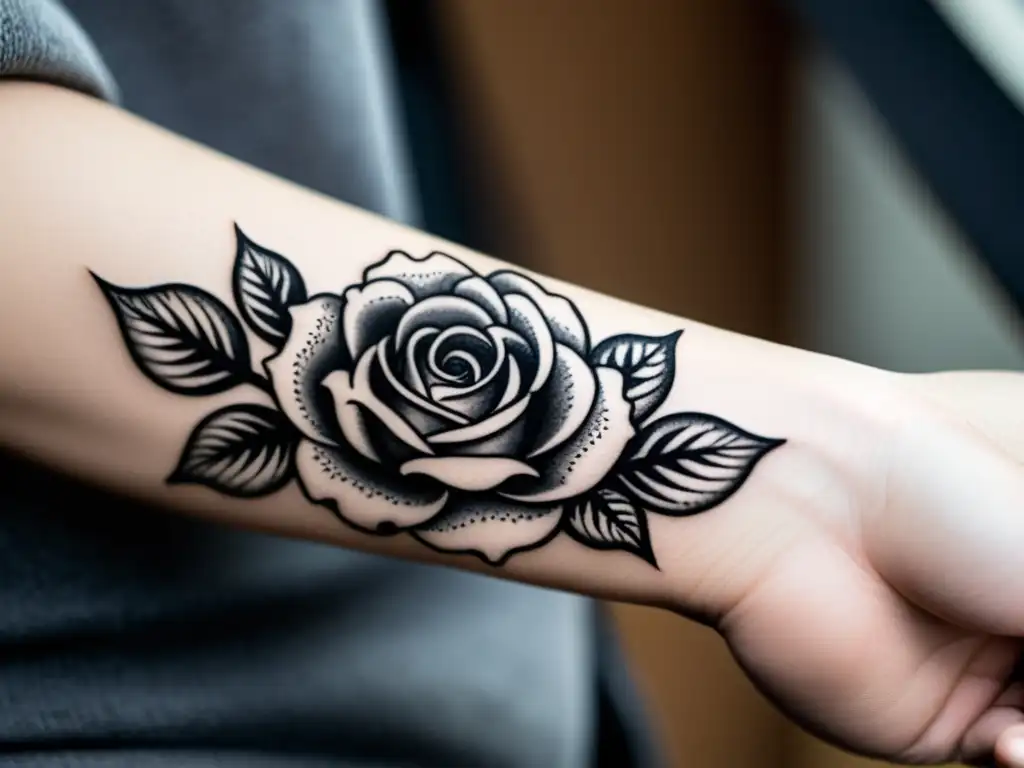 Un tatuaje detallado de una rosa en el antebrazo, reflejando la historia cultural y la moda de los tatuajes