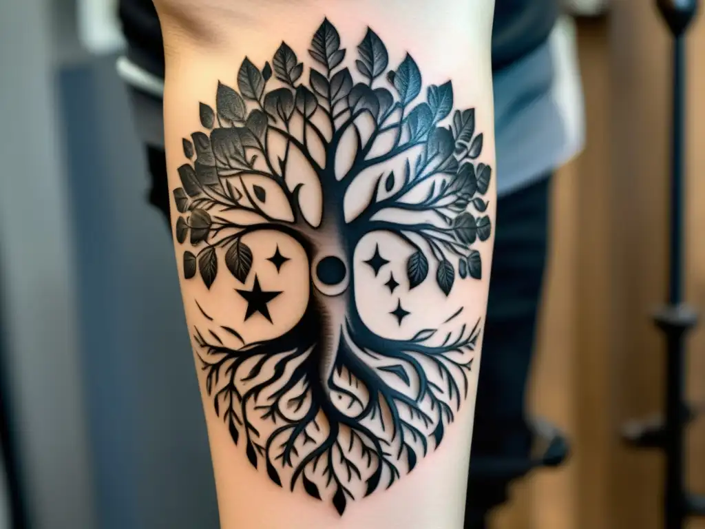 Un tatuaje detallado de un árbol con raíces y ramas, rodeado de símbolos personales y culturales