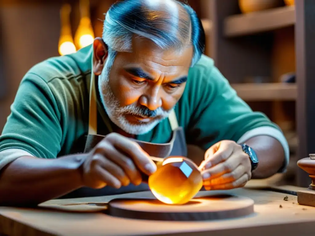 Técnica ancestral: maestro joyero talla una gema con precisión, reflejando la artesanía en la joyería de lujo contemporánea