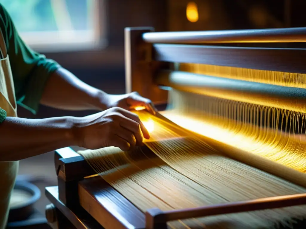 Un tejedor de seda tradicional manipula con destreza hilos brillantes en un telar de madera, inmerso en una cálida luz dorada