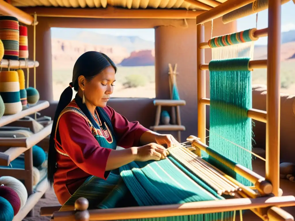 Una tejedora Navajo experta en su telar, creando con destreza patrones intrincados con hilos de colores brillantes