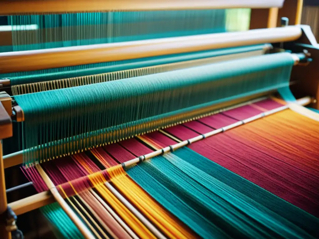 Tejido artesanal en loom, resaltando polímeros naturales en la industria textil