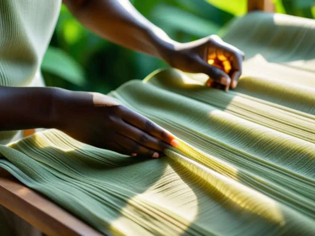 Un tejido biodegradable se entreteje con destreza en un taller al aire libre, rodeado de exuberante vegetación, simbolizando la revolución de materiales sostenibles en la moda