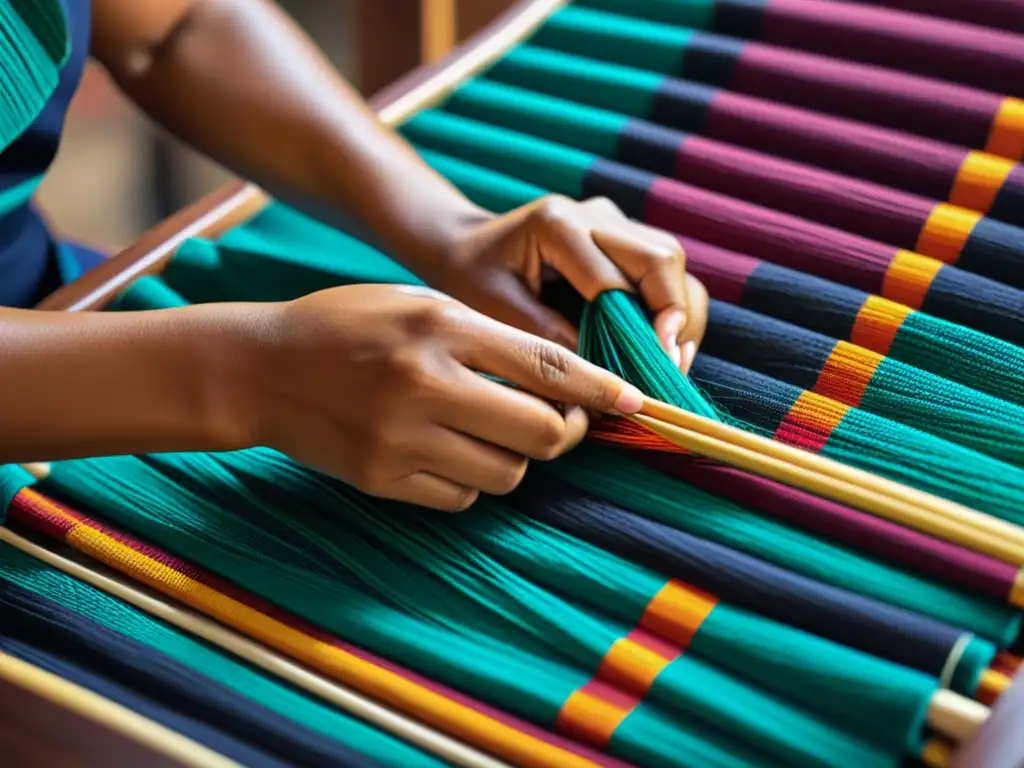 Tejido indígena que refleja la rica paleta de colores y el significado cultural, mientras las manos hábiles del artesano dan vida a la tradición