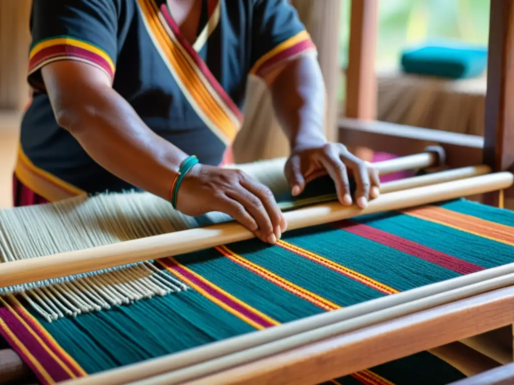 Un tejido indígena tradicional se teje en un telar de madera, destacando patrones y colores vibrantes