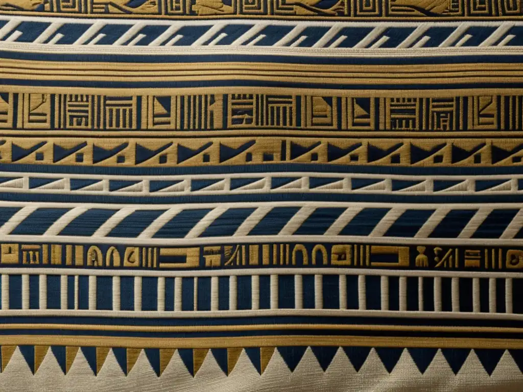 Tejido de lino con patrones jeroglíficos, reflejando el impacto cultural y la moda en el antiguo Egipto