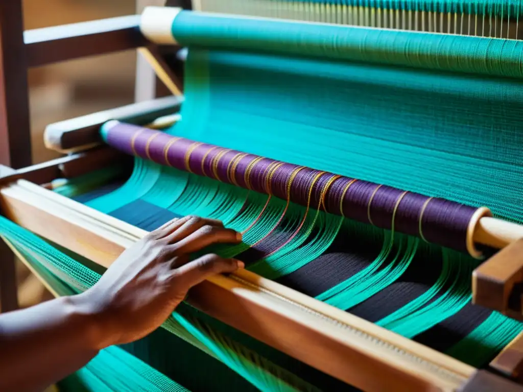 Un telar tradicional indio con patrones e hilos vibrantes