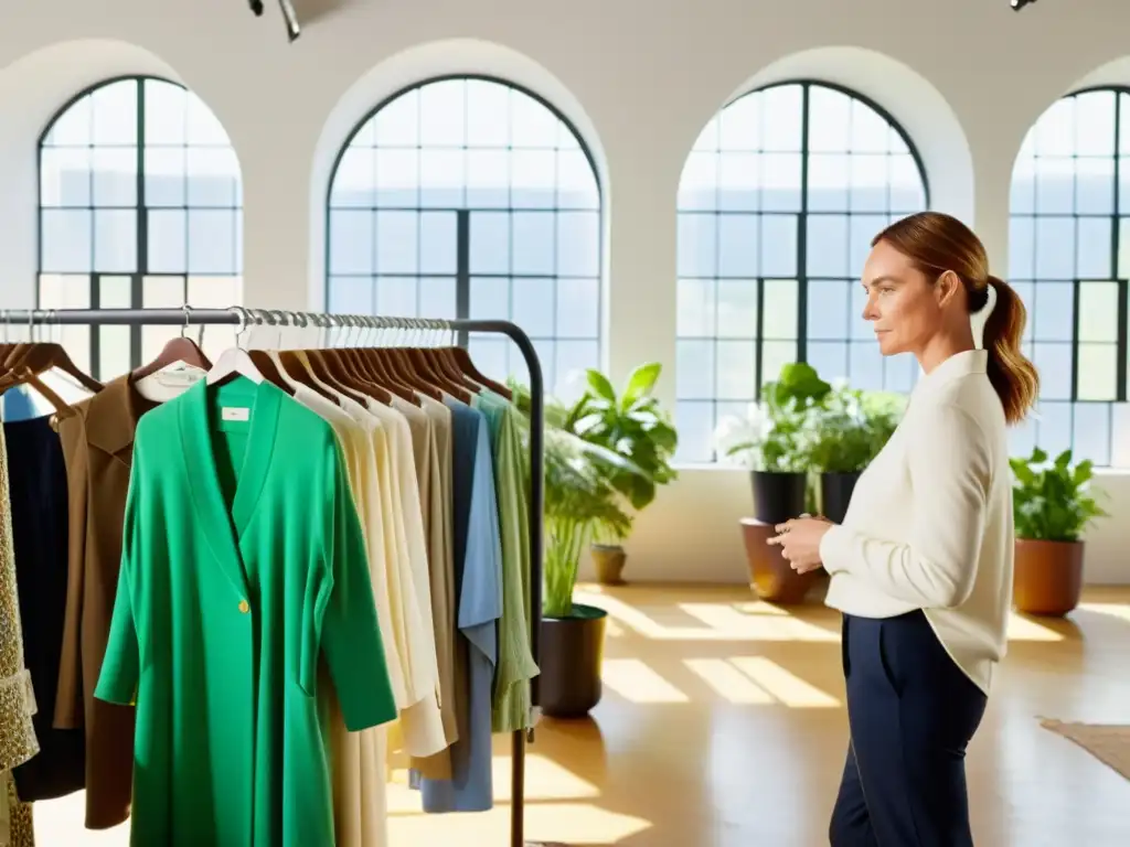 Stella McCartney inspecciona telas en atelier iluminado por luz natural, rodeada de equipo enfocado en moda sustentable, reflejando compromiso con el impacto ecológico