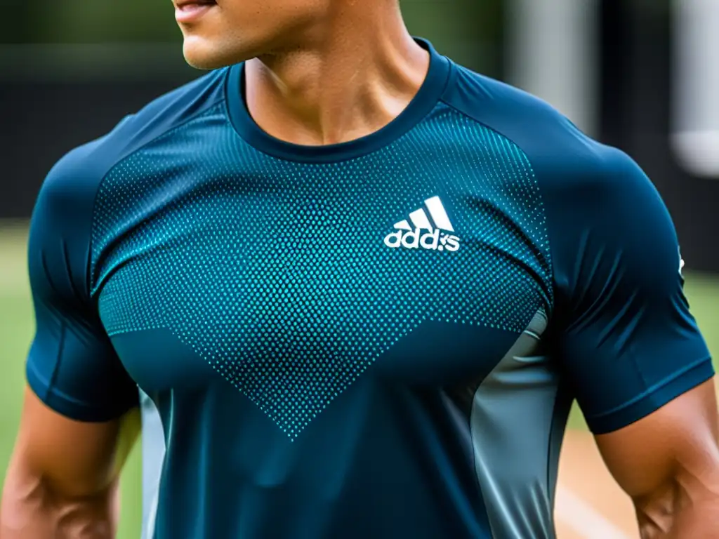 Innovación en telas para deporte: Detalle de camiseta deportiva de alto rendimiento con tecnología de absorción de humedad, usada por atleta en acción