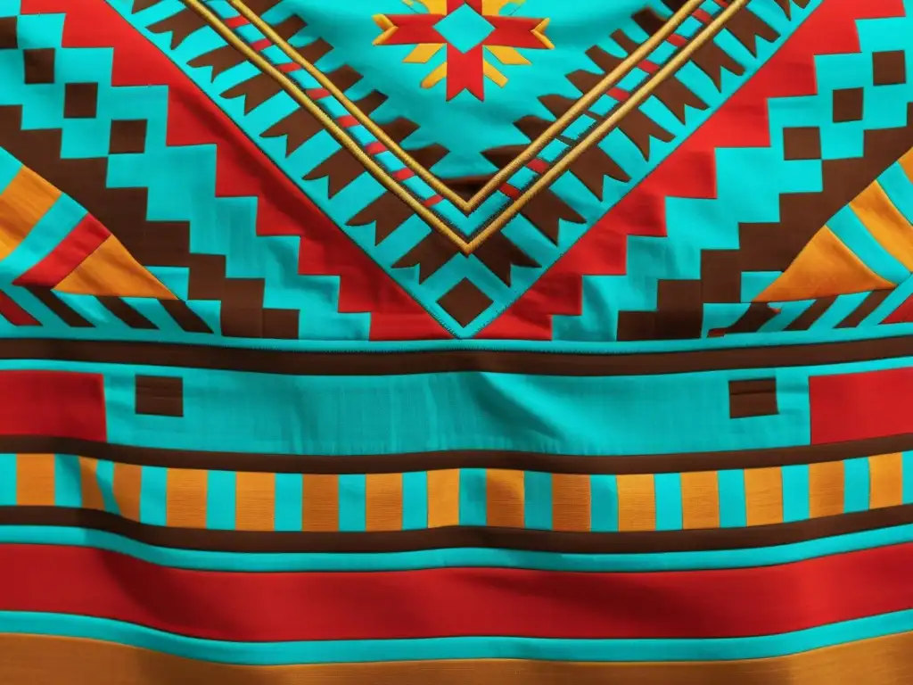 Textil azteca con diseño moderno y vibrantes colores terrosos, inspirado en la artesanía prehispánica