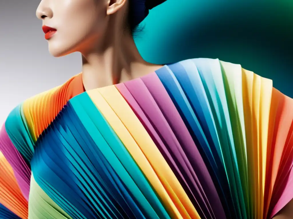 Innovación textil Issey Miyake colección: Detalle de modelo luciendo pliegues vibrantes de la icónica colección Pleats Please, resaltando la fusión de arte, tecnología y moda