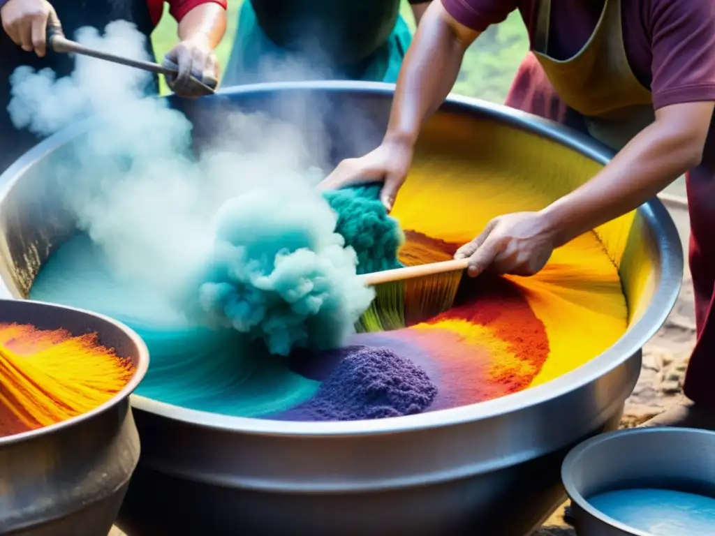 Coloración textil con tintes naturales: Artesanos expertos crean hermosos colores en vats de agua hirviendo, evocando tradición y maestría