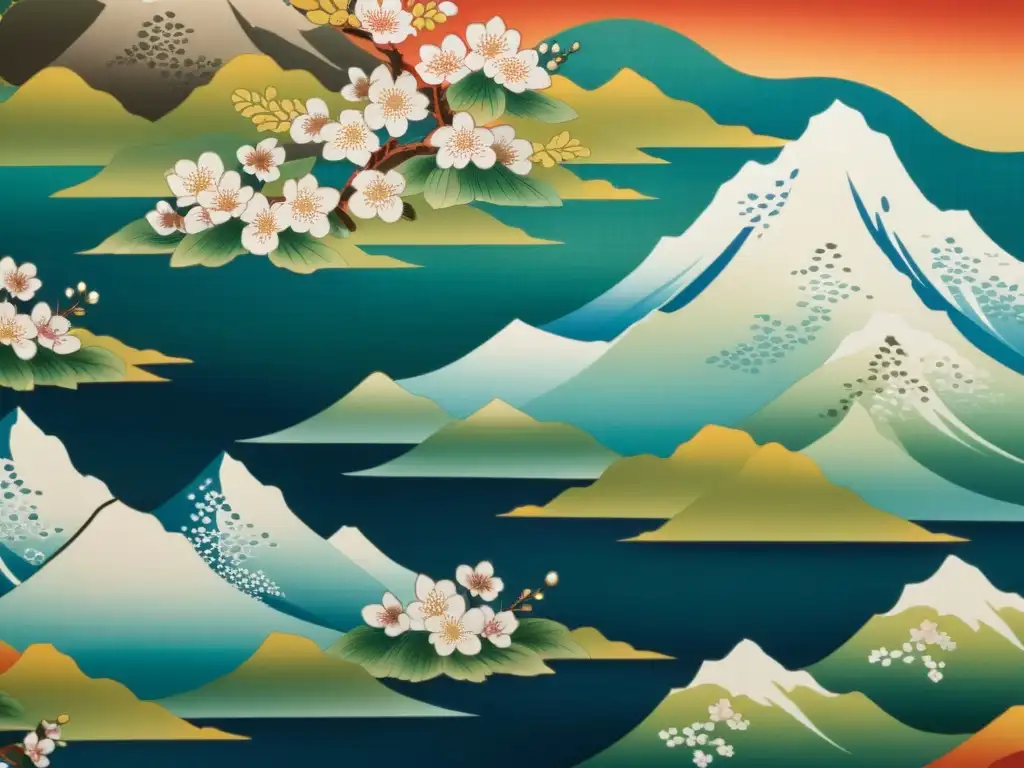 El texto ALT es: 'Detalles de un antiguo tejido de kimono japonés, con patrones de cerezos en flor, ríos y montañas