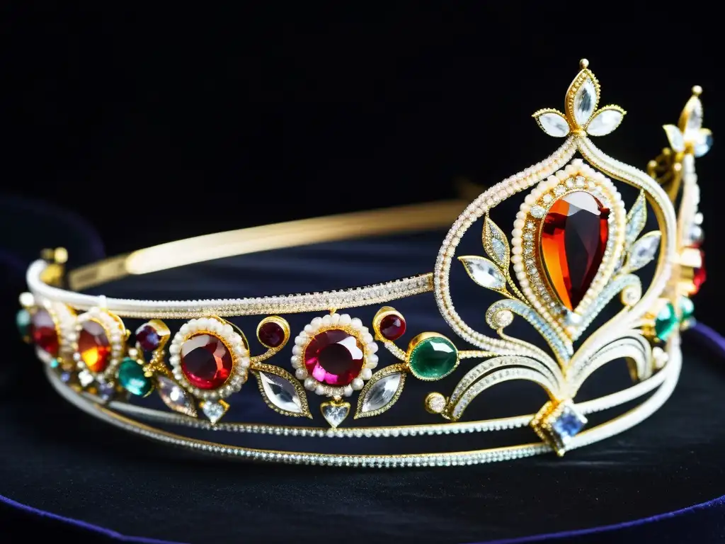 Una tiara de alta costura, con detallado trabajo artesanal, gemas brillantes y metal delicado, destaca sobre un fondo de terciopelo negro